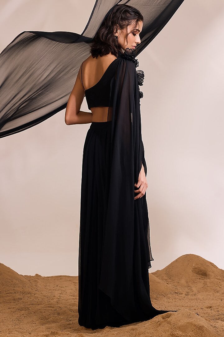 Black Georgette Draped Skirt Set by Divya Aggarwal at Pernia's Pop Up Shop