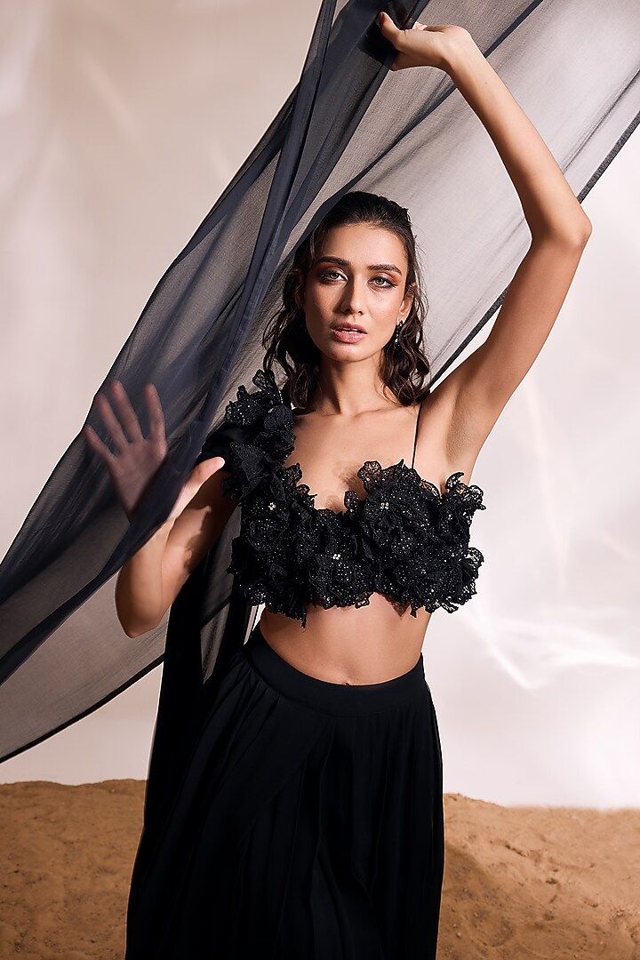 Black Georgette Draped Skirt Set by Divya Aggarwal at Pernia's Pop Up Shop