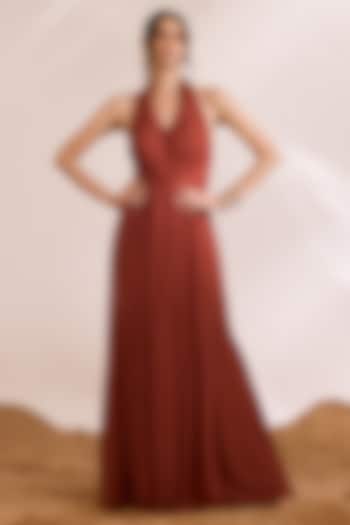 Rust Crinkle Chiffon Fluted Draped Party Wear Dress by Divya Aggarwal at Pernia's Pop Up Shop