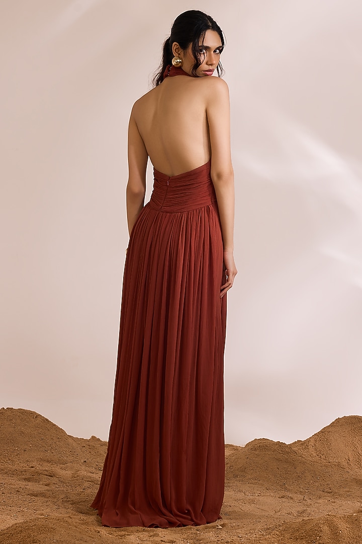 Rust Crinkle Chiffon Fluted Draped Party Wear Dress by Divya Aggarwal at Pernia's Pop Up Shop