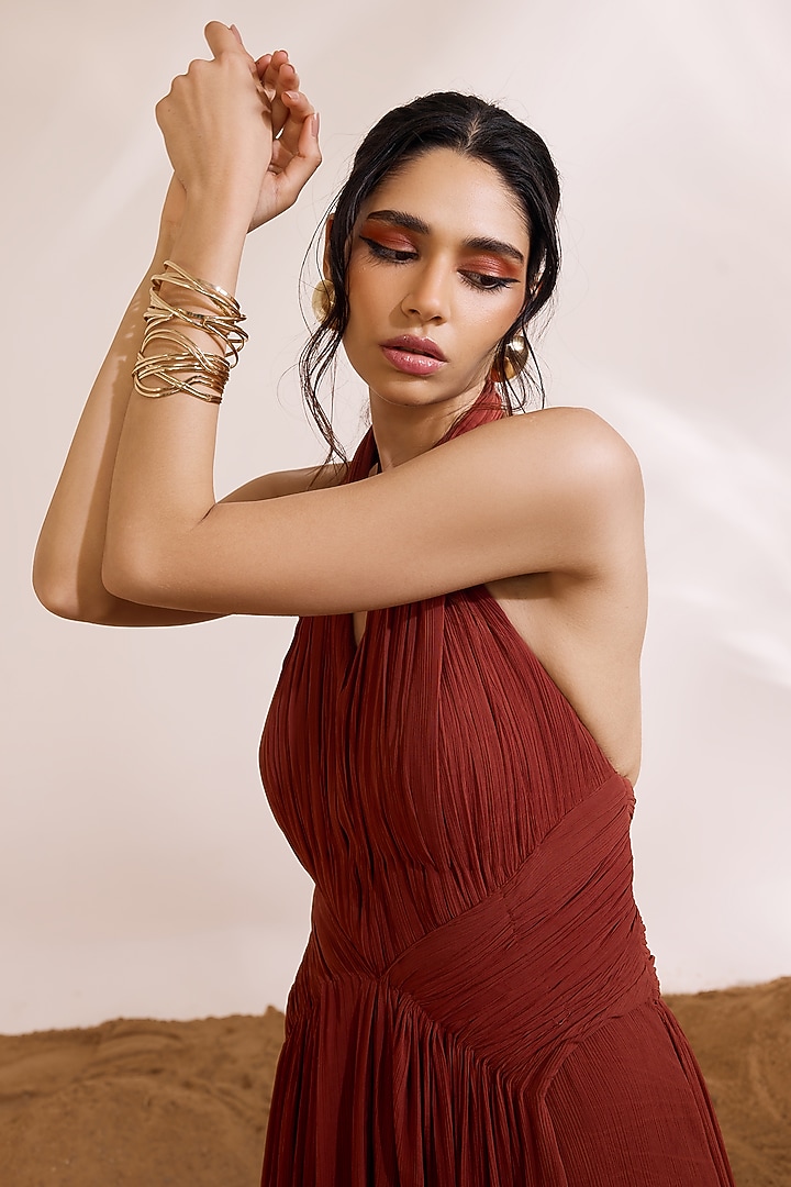 Rust Crinkle Chiffon Fluted Draped Party Wear Dress by Divya Aggarwal at Pernia's Pop Up Shop