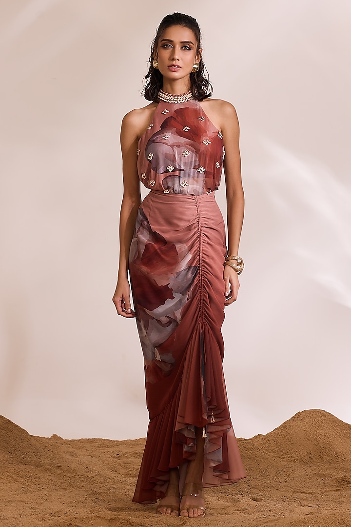 Rust Chiffon Printed Ruched Skirt Set by Divya Aggarwal at Pernia's Pop Up Shop