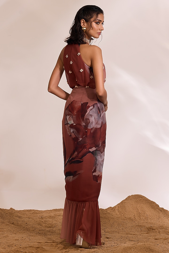 Rust Chiffon Printed Ruched Skirt Set by Divya Aggarwal at Pernia's Pop Up Shop