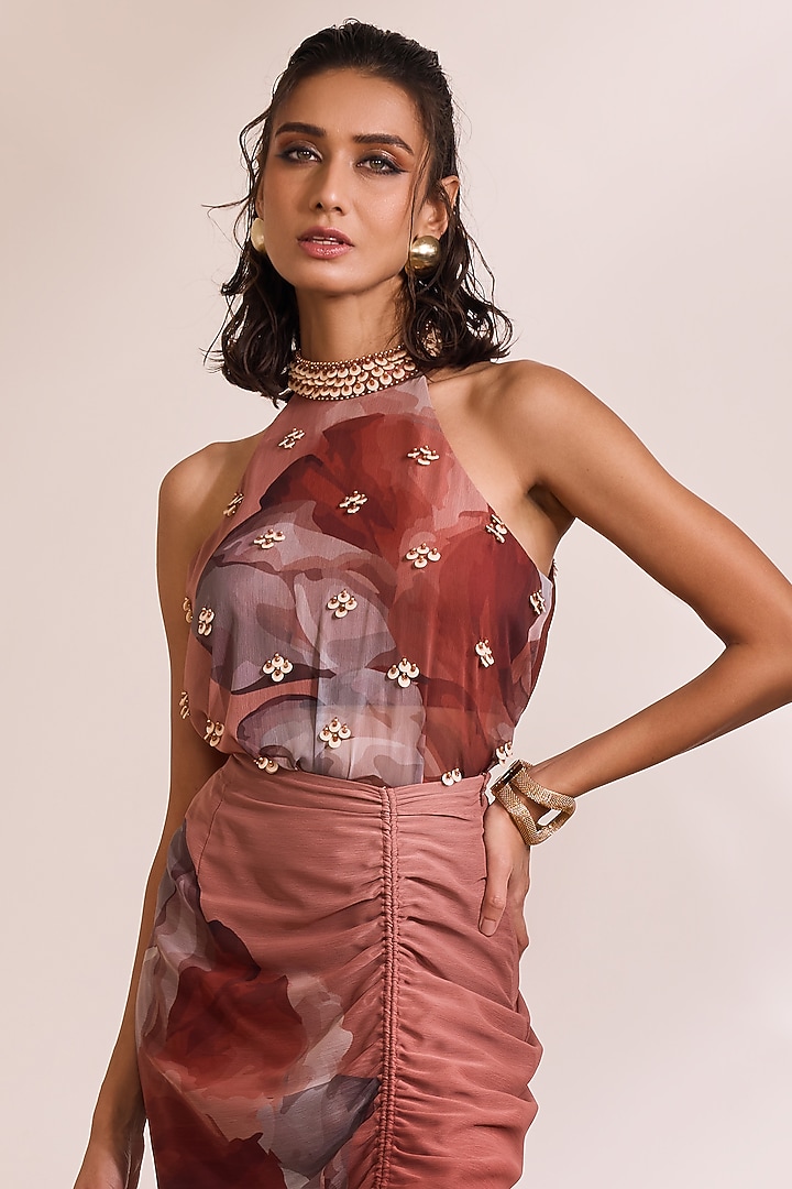 Rust Chiffon Printed Ruched Skirt Set by Divya Aggarwal at Pernia's Pop Up Shop