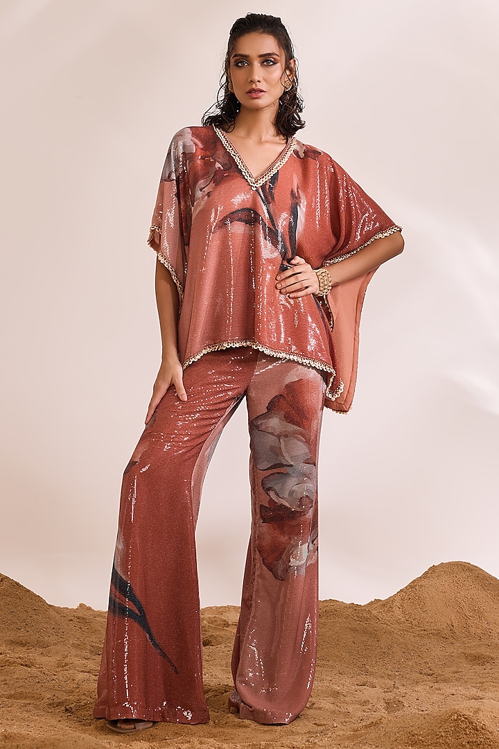 Rust Sheeted Sequins Abstract Printed Kaftan Set by Divya Aggarwal at Pernia's Pop Up Shop