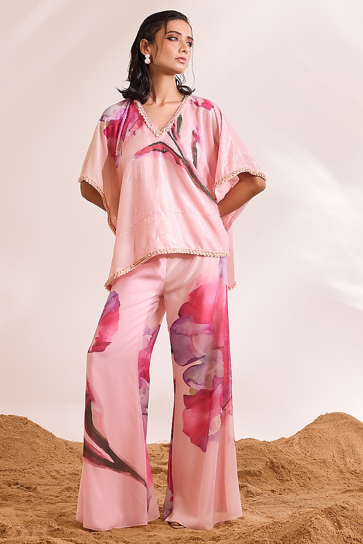 Pink Sheeted Sequins Abstract Printed Kaftan Set by Divya Aggarwal at Pernia's Pop Up Shop