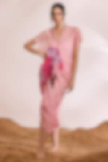 Pink Chiffon Abstract Floral Printed Ruched Kaftan by Divya Aggarwal at Pernia's Pop Up Shop