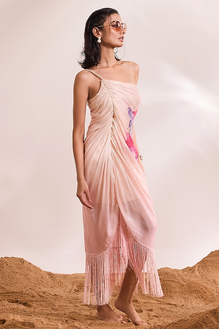 Pink Sheeted Sequins Floral Printed One Shoulder Dress by Divya Aggarwal at Pernia's Pop Up Shop