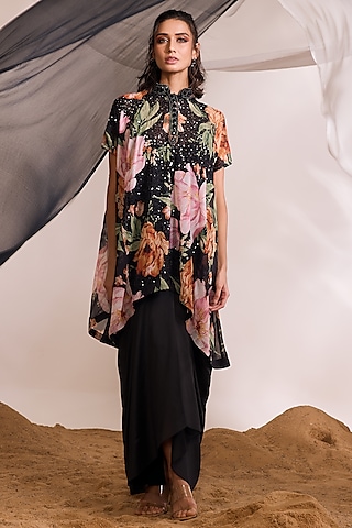 Black Chiffon Floral Printed & Embellished Kurta Set by Divya Aggarwal