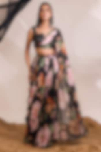 Black Chiffon Floral Printed Skirt Set by Divya Aggarwal at Pernia's Pop Up Shop