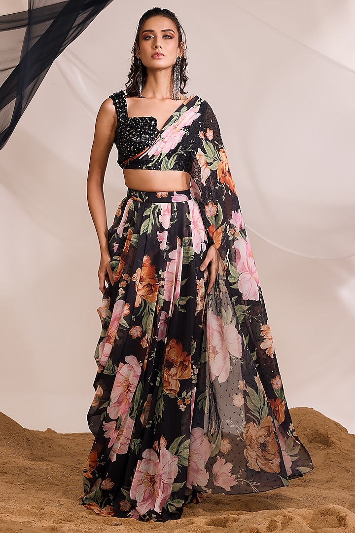 Black Chiffon Floral Printed Skirt Set by Divya Aggarwal at Pernia's Pop Up Shop