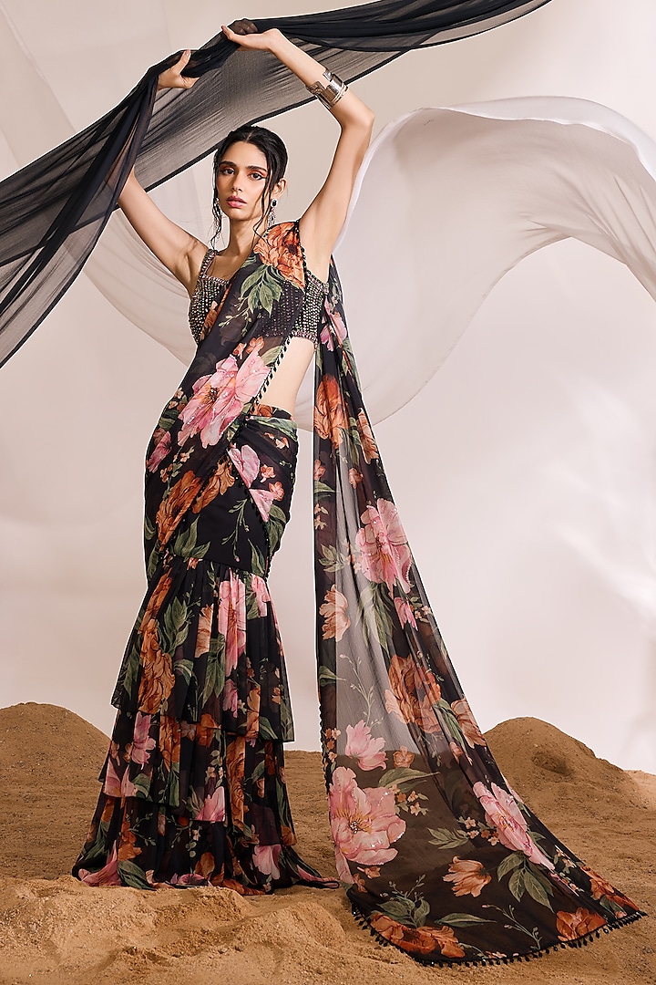 Black Satin Floral Printed Draped Saree Set by Divya Aggarwal at Pernia's Pop Up Shop