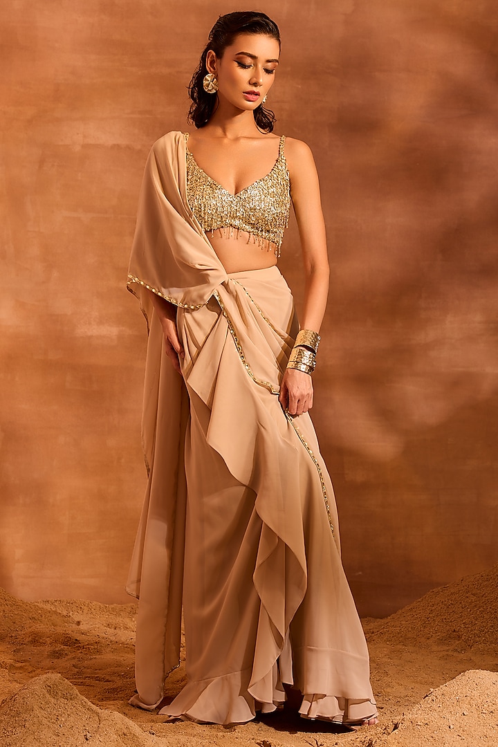 Beige Georgette Concept Draped Saree Set by Divya Aggarwal at Pernia's Pop Up Shop