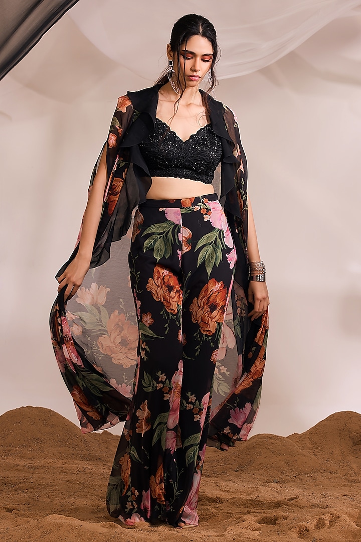 Black Chiffon Floral Printed Ruffled Cape Set by Divya Aggarwal at Pernia's Pop Up Shop