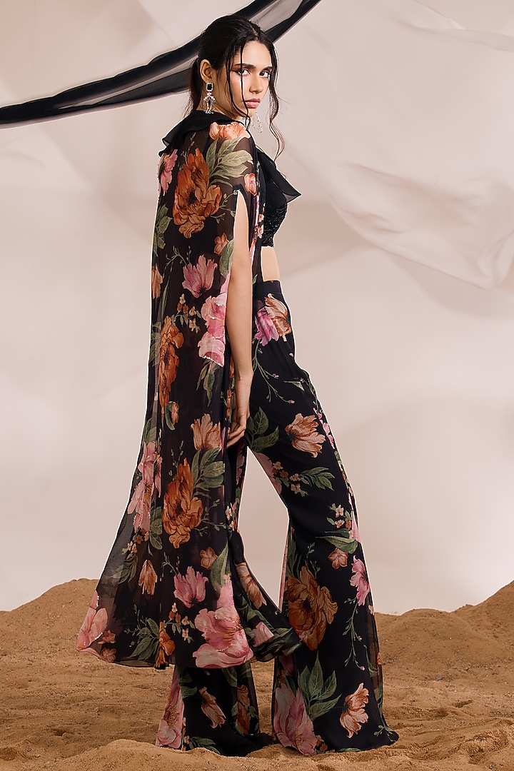 Black Chiffon Floral Printed Ruffled Cape Set by Divya Aggarwal at Pernia's Pop Up Shop