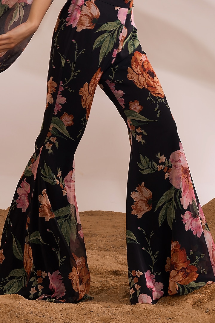 Black Chiffon Floral Printed Ruffled Cape Set by Divya Aggarwal at Pernia's Pop Up Shop