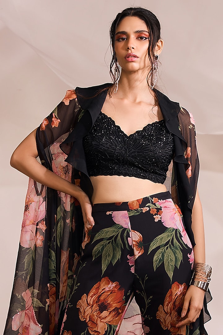 Black Chiffon Floral Printed Ruffled Cape Set by Divya Aggarwal at Pernia's Pop Up Shop