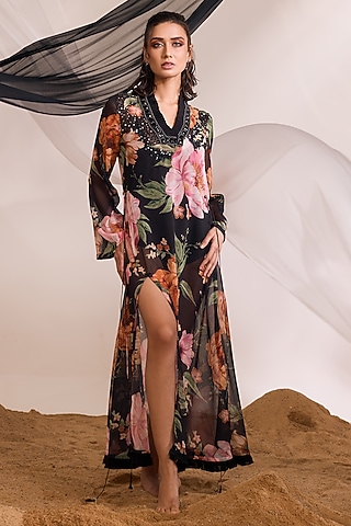 Black Chiffon Printed & Embellished Kaftan by Divya Aggarwal