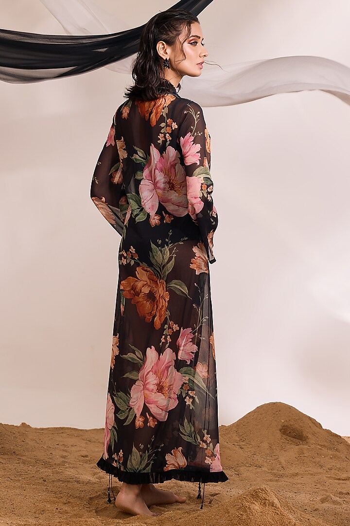 Black Chiffon Printed & Embellished Kaftan by Divya Aggarwal at Pernia's Pop Up Shop