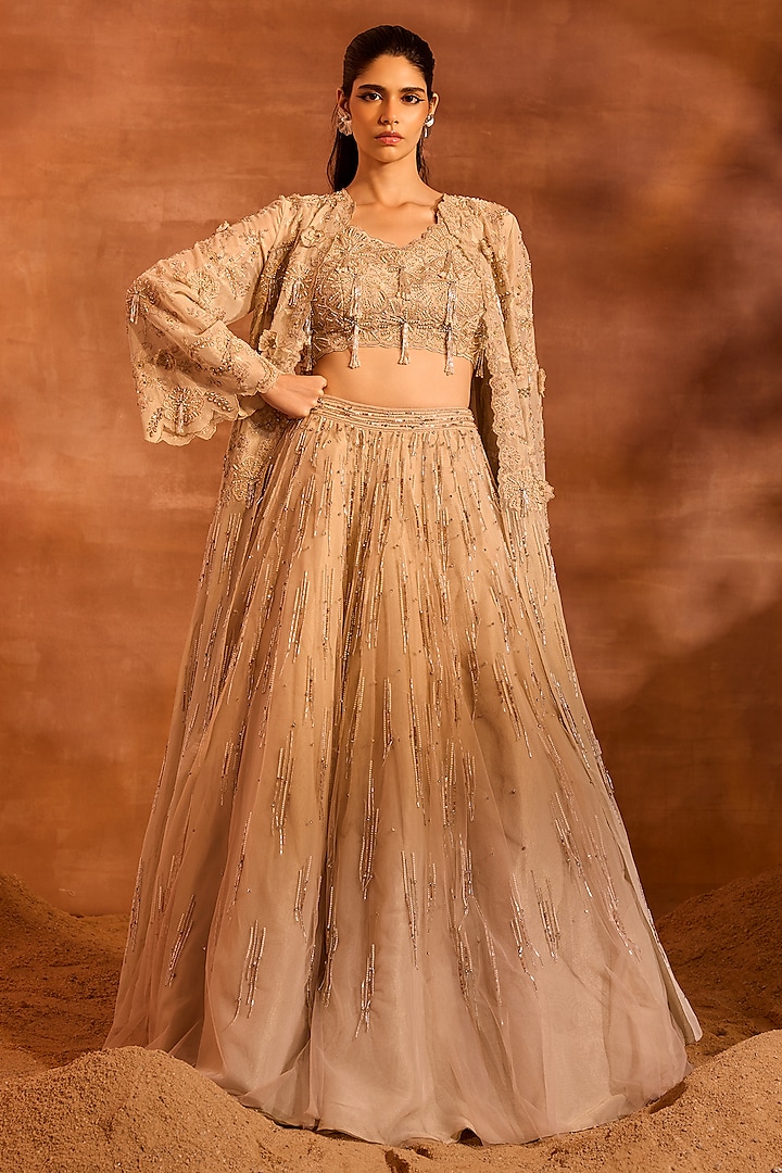 Beige Metallic Chanderi Embellished Jacket Bridal Lehenga Set by Divya Aggarwal at Pernia's Pop Up Shop