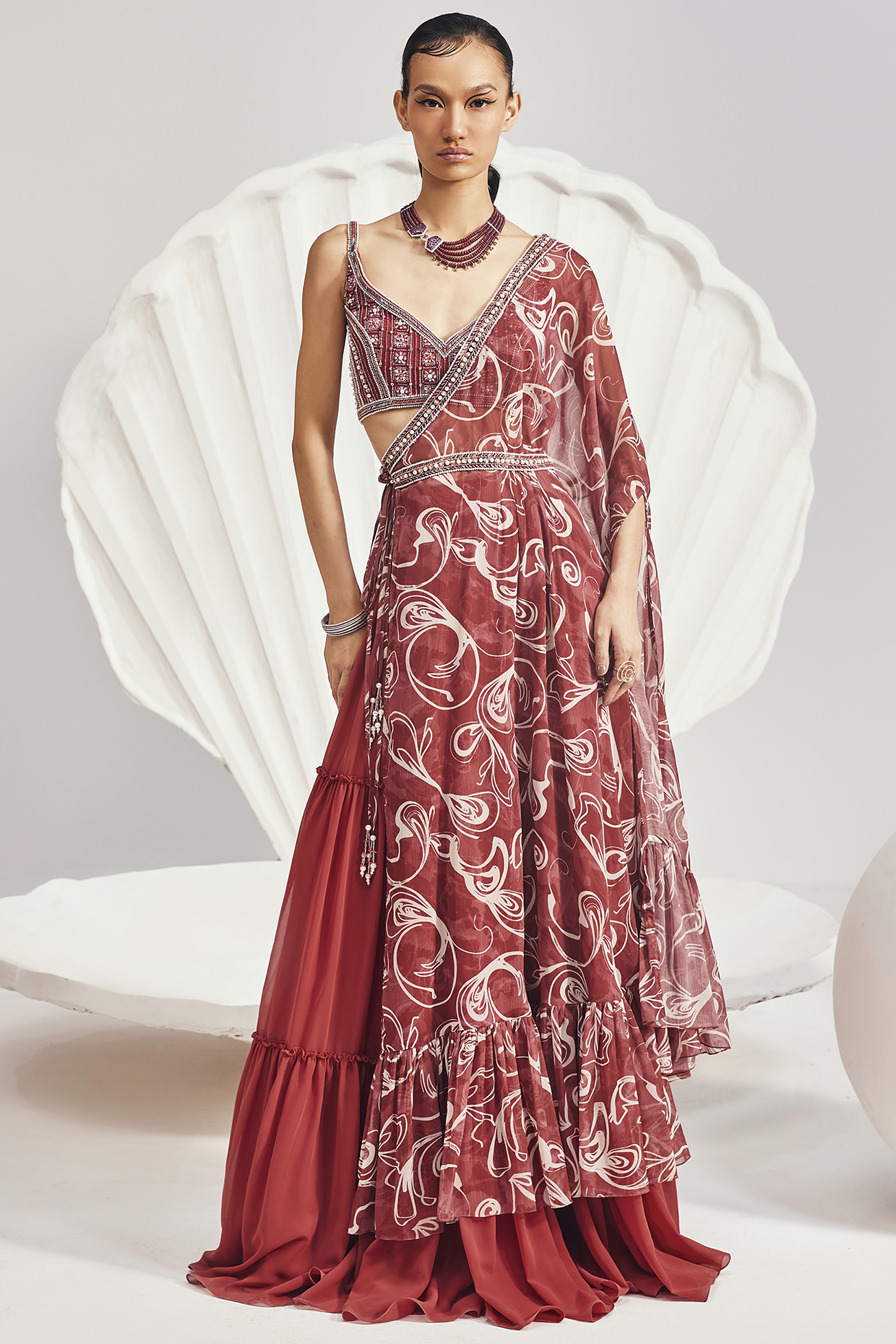 Red Chiffon Printed One-Shoulder Cape Set by Divya Aggarwal at Pernia's Pop Up Shop