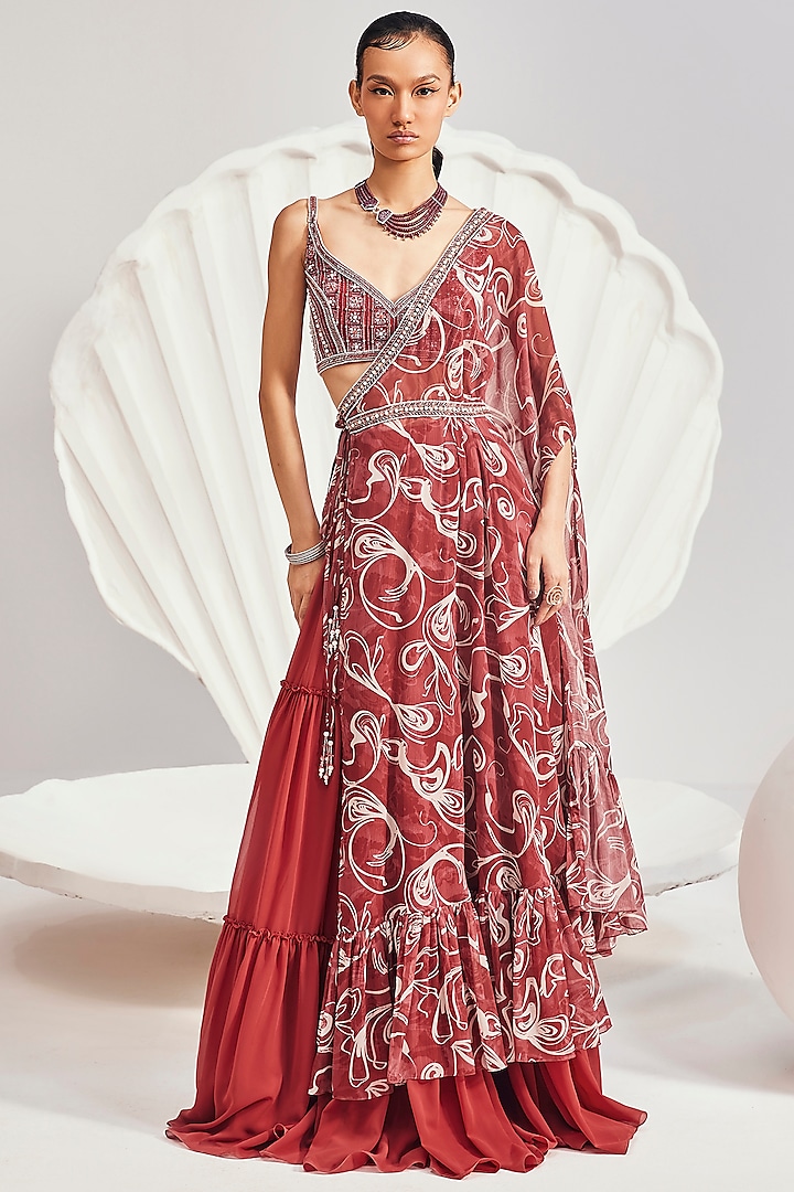 Red Chiffon Printed One-Shoulder Cape Set by Divya Aggarwal at Pernia's Pop Up Shop