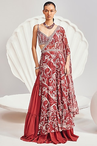 Red Chiffon Printed One-Shoulder Cape Set by Divya Aggarwal