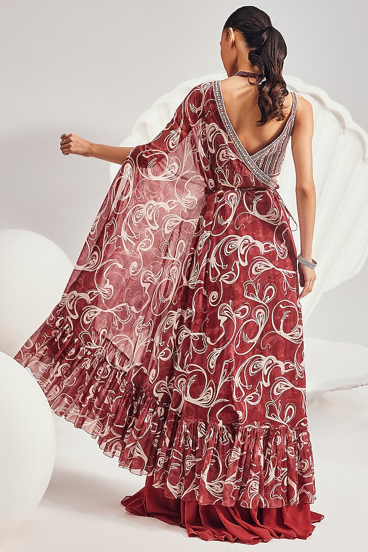 Red Chiffon Printed One-Shoulder Cape Set by Divya Aggarwal at Pernia's Pop Up Shop