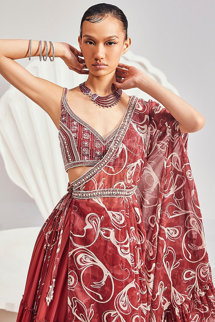 Red Chiffon Printed One-Shoulder Cape Set by Divya Aggarwal at Pernia's Pop Up Shop