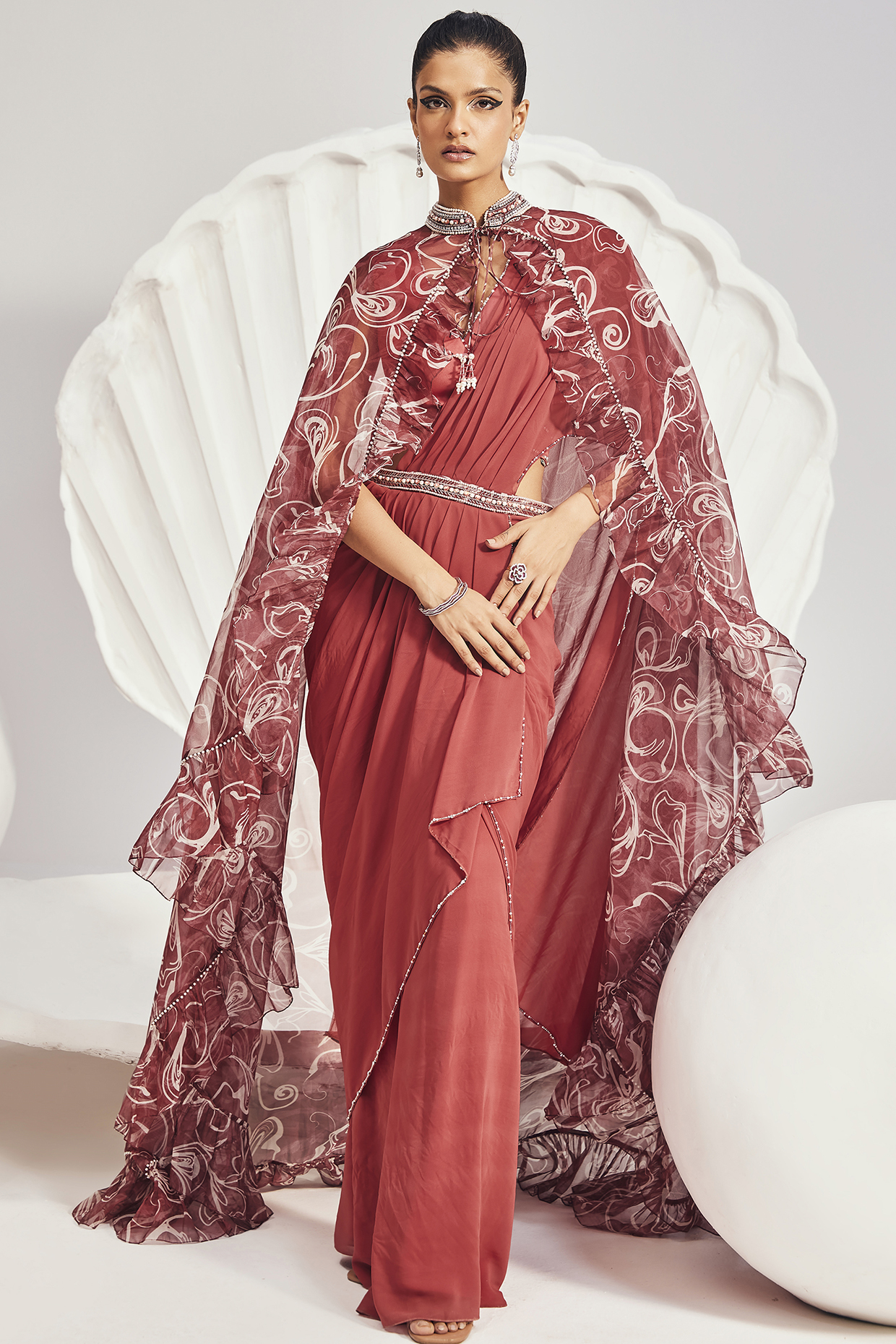 Red Georgette Embellished Pre-Draped Jacket Wedding Saree Set by Divya Aggarwal at Pernia's Pop Up Shop