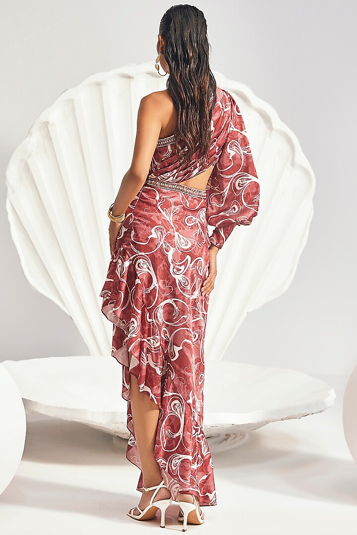 Red Satin Printed Asymmetric Draped Cocktail Dress by Divya Aggarwal at Pernia's Pop Up Shop