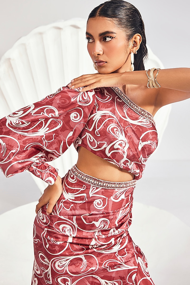 Red Satin Printed Asymmetric Draped Cocktail Dress by Divya Aggarwal at Pernia's Pop Up Shop