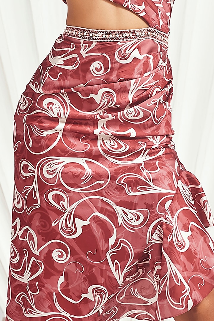 Red Satin Printed Asymmetric Draped Cocktail Dress by Divya Aggarwal at Pernia's Pop Up Shop