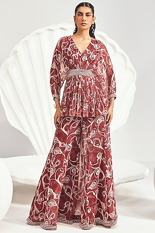 Red Chiffon Printed Sharara Set by Divya Aggarwal