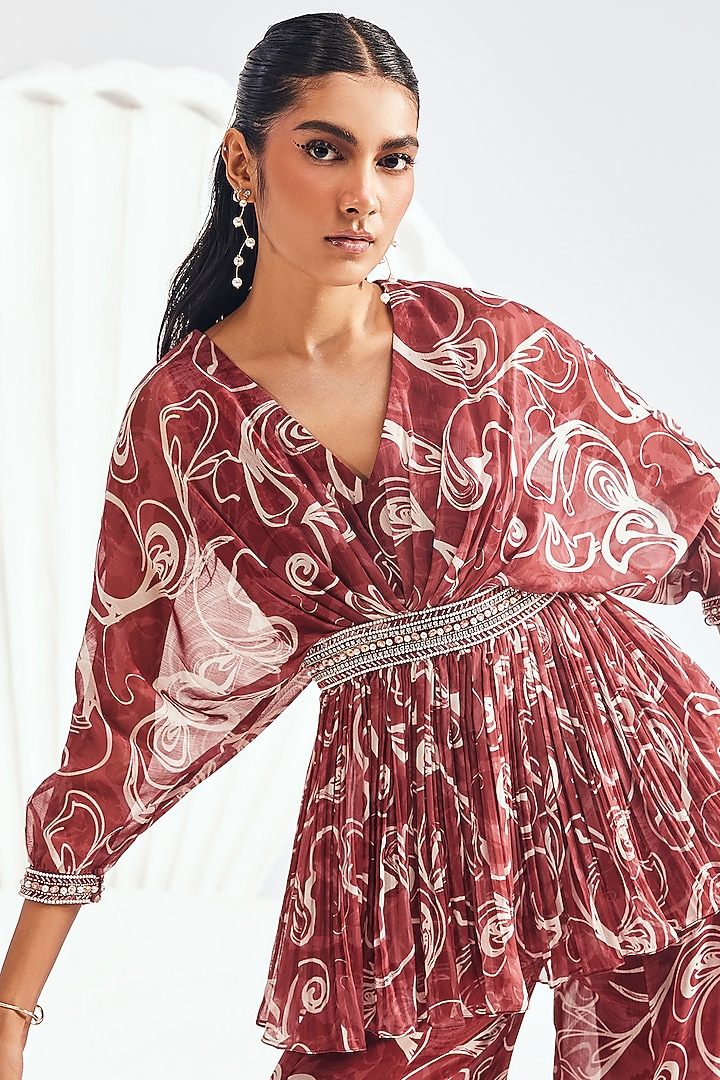 Red Chiffon Printed Wedding Sharara Set by Divya Aggarwal at Pernia's Pop Up Shop