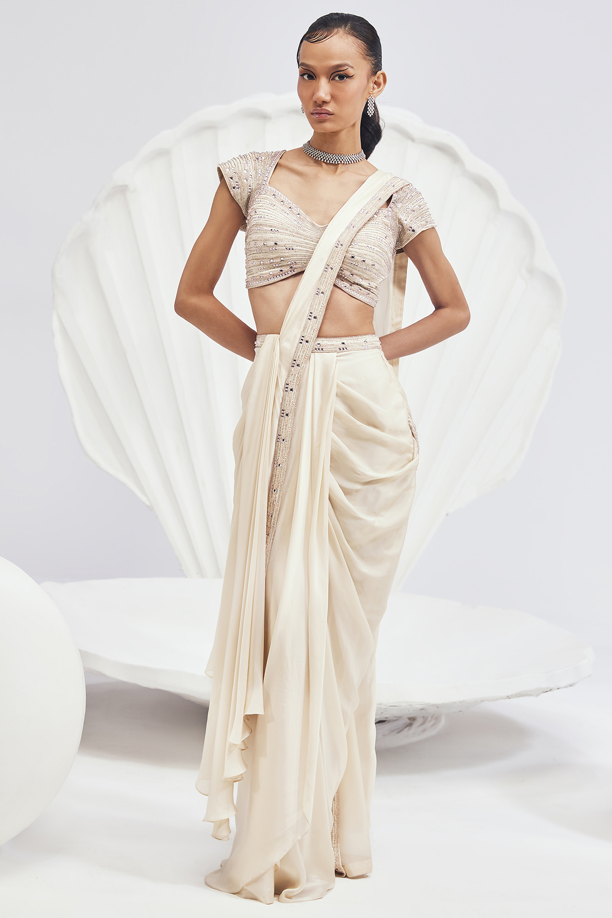 Ivory Chiffon Satin Embellished Pre-Draped Concept Reception Saree Set by Divya Aggarwal at Pernia's Pop Up Shop