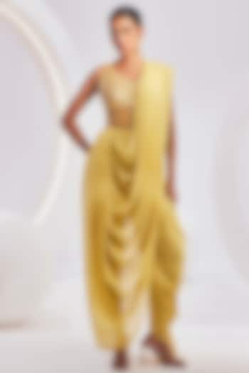 Yellow Wrinkle Chiffon Dhoti Saree Set by Divya Aggarwal at Pernia's Pop Up Shop