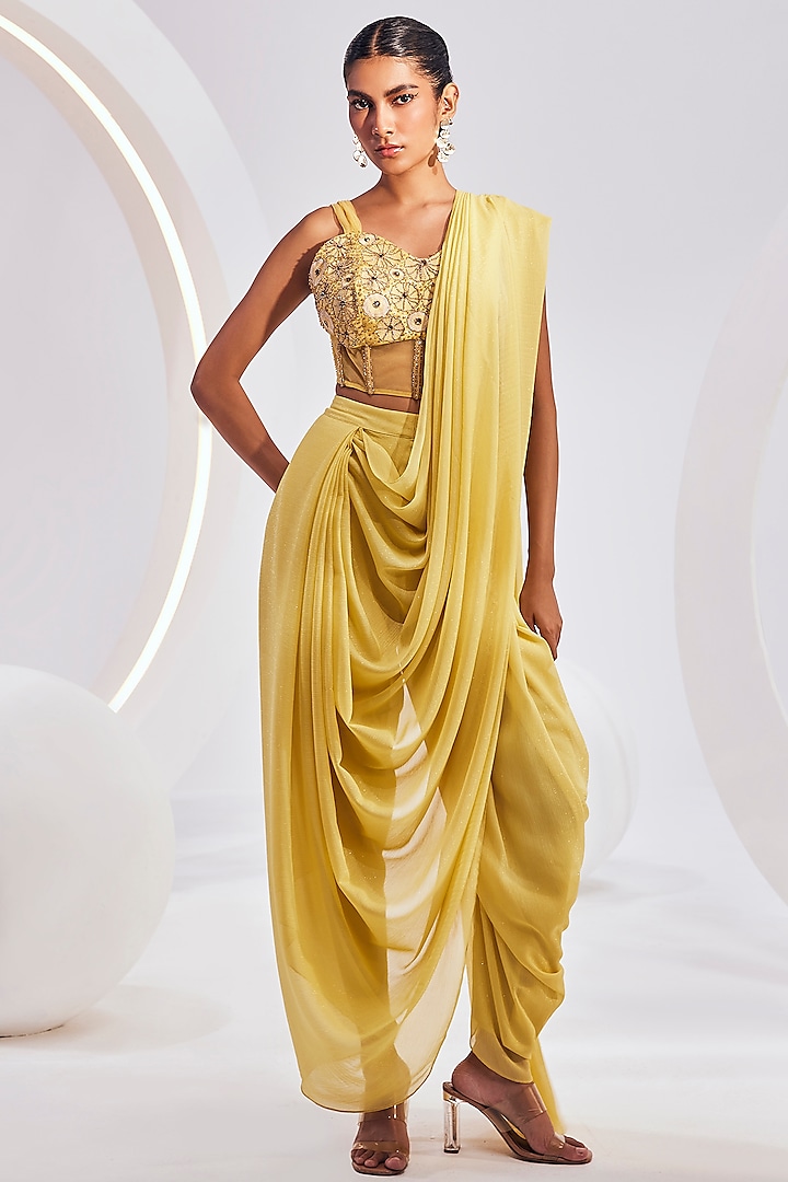 Sunflower Yellow Satin Silk Saree Set Design by Peeli Dori at Pernia's Pop  Up Shop 2024