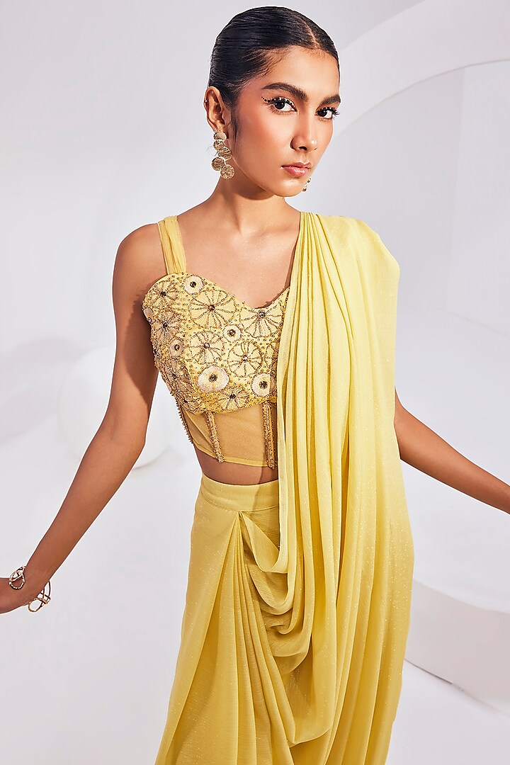 Sunflower Yellow Satin Silk Saree Set Design by Peeli Dori at Pernia's Pop  Up Shop 2024