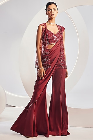 Wine Satin Sharara Pant Saree Set by Divya Aggarwal