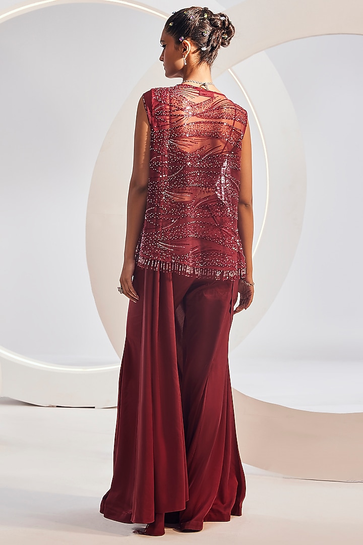Wine Satin Sharara Pant Wedding Saree Set by Divya Aggarwal at Pernia's Pop Up Shop
