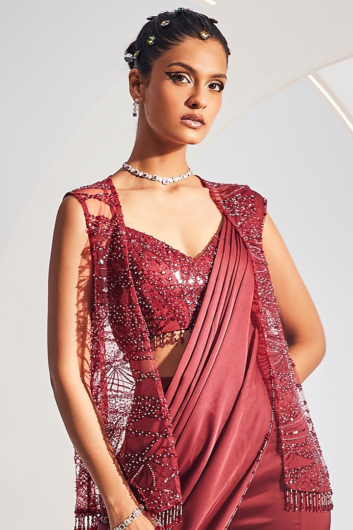 Wine Satin Sharara Pant Wedding Saree Set by Divya Aggarwal at Pernia's Pop Up Shop