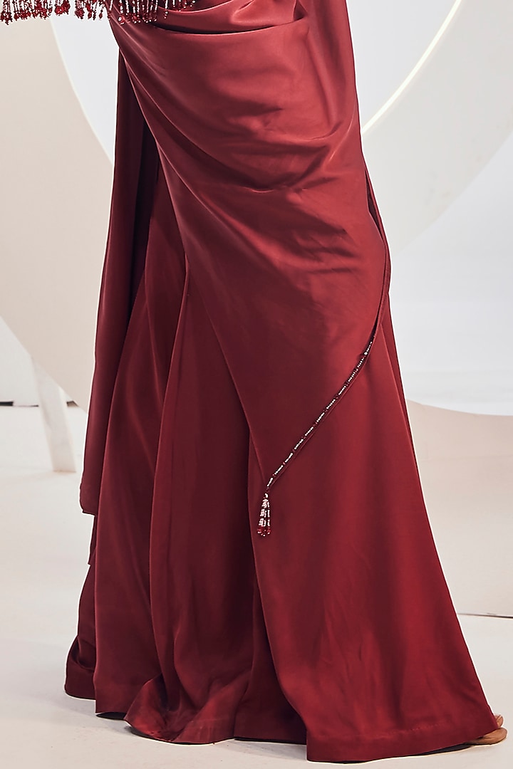 Wine Satin Sharara Pant Wedding Saree Set by Divya Aggarwal at Pernia's Pop Up Shop