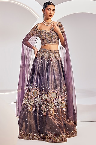 Wineberry Chanderi Silk Embroidered Lehenga Set by Divya Aggarwal