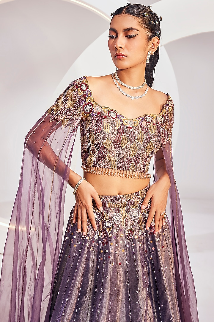Wineberry Chanderi Silk Embroidered Bridal Lehenga Set by Divya Aggarwal at Pernia's Pop Up Shop
