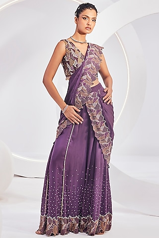 Wineberry Chiffon Satin Embroidered Sharara Pant Saree Set by Divya Aggarwal