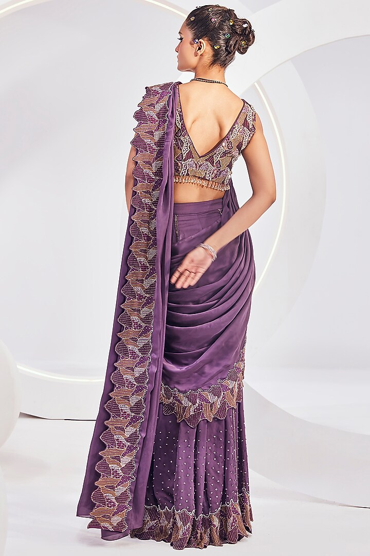 Wineberry Chiffon Satin Embroidered Sharara Pant Reception Saree Set by Divya Aggarwal at Pernia's Pop Up Shop