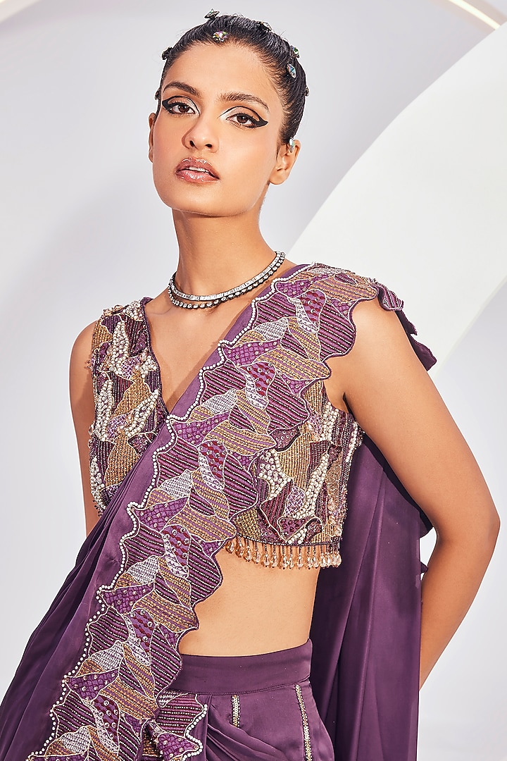 Wineberry Chiffon Satin Embroidered Sharara Pant Reception Saree Set by Divya Aggarwal at Pernia's Pop Up Shop