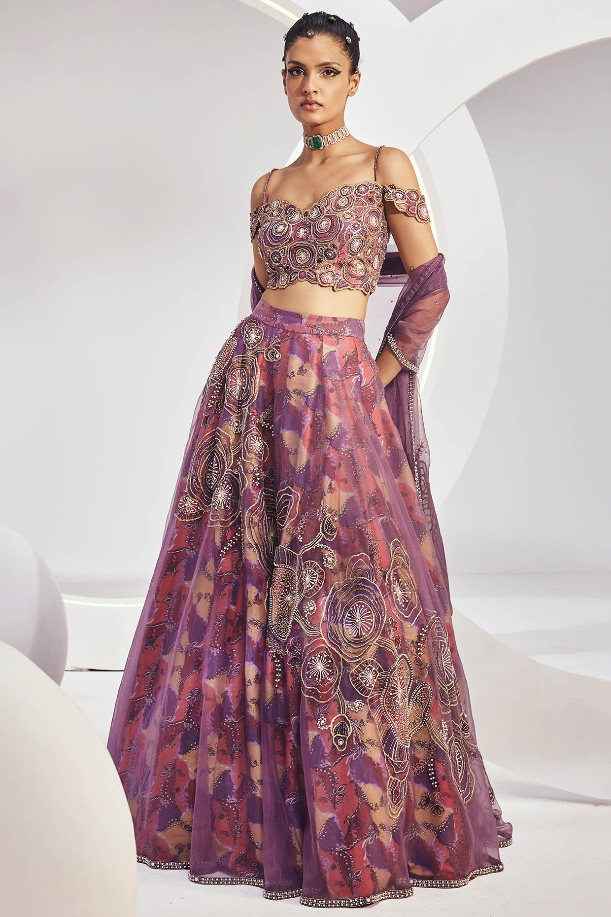 Multi-Colored Dupion Silk Printed Bridal Lehenga Set by Divya Aggarwal at Pernia's Pop Up Shop