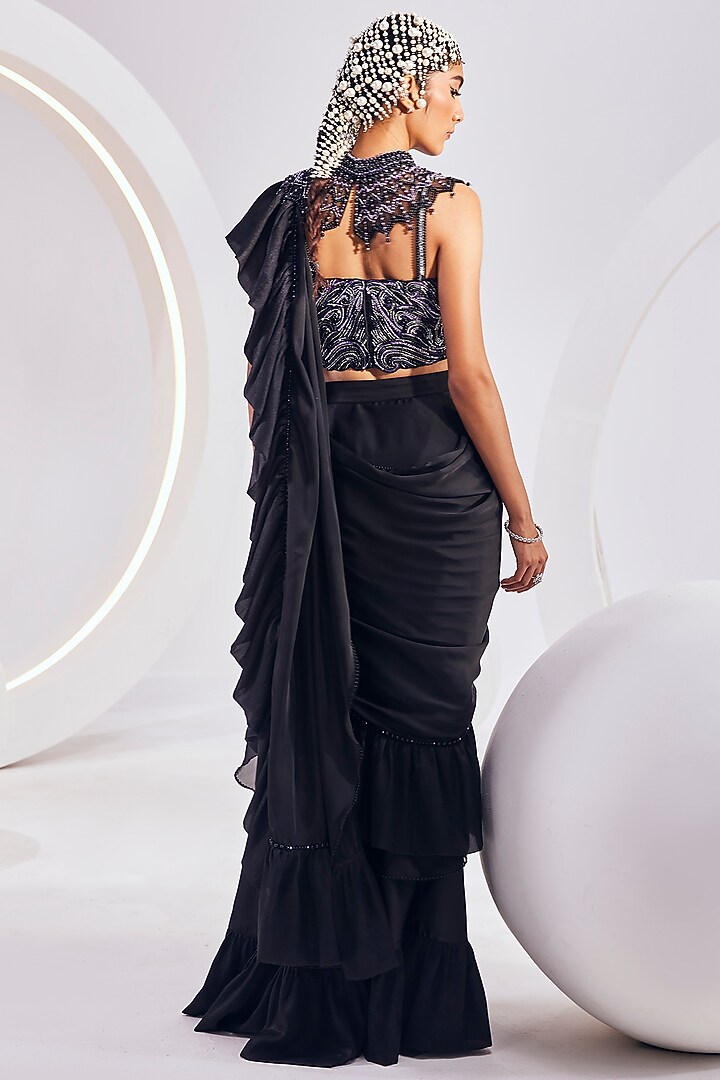 Black Chiffon Satin Embroidered Concept Ruffled Reception Saree Set by Divya Aggarwal at Pernia's Pop Up Shop
